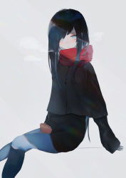 Rule 34 | 1girl, bags under eyes, black hair, blue eyes, blue legwear, boar, breath, capelet, cold, female focus, highres, long hair, muki, multicolored hair, original, parted lips, scarf, simple background, sitting, sleeves past wrists, solo, uosaki (muki), white background