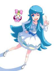Rule 34 | &gt; &lt;, 10s, 1girl, bad id, bad pixiv id, blue eyes, blue hair, bow, closed eyes, cure princess, hand on own hip, happinesscharge precure!, long hair, looking at viewer, one eye closed, open mouth, pink bow, precure, ribbon (happinesscharge precure!), shirayuki hime, simple background, skirt, tacta, v, white background
