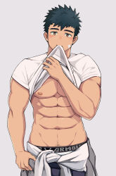 Rule 34 | 1boy, abs, bandaid, bandaid on cheek, bandaid on face, bara, black hair, blush, bulge, clothes around waist, clothes in mouth, clothes pull, highres, jacket, jacket around waist, lifted by self, looking at viewer, male focus, male underwear, male underwear peek, mouth hold, muscular, muscular male, navel, navel hair, nipples, nnn nishi, original, pants, pants pull, pectorals, see-through, shirt, shirt in mouth, short hair, sideburns, solo, stomach, sweat, textless version, underpec, underwear, wet, wet clothes, wet shirt, white male underwear, white shirt, yellow eyes