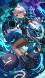 Rule 34 | 1girl, aqua bow, artist name, black footwear, black skirt, boots, bow, brown pantyhose, closed mouth, facial mark, facial tattoo, frilled skirt, frills, from behind, genshin impact, highres, holding, holding wand, huge bow, juliet sleeves, knee boots, liclac, light brown hair, long hair, long sleeves, looking at viewer, lynette (genshin impact), miniskirt, mixed-language commentary, multicolored hair, pantyhose, puffy sleeves, purple eyes, skirt, solo, star (symbol), star facial mark, streaked hair, tattoo, two-tone gloves, wand
