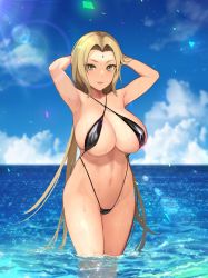 Rule 34 | 1girl, armpits, arms behind head, bikini, blonde hair, breasts, cloud, collarbone, commentary request, criss-cross halter, facial mark, forehead, forehead mark, halterneck, highres, huge breasts, long hair, naruto, naruto (series), naruto shippuuden, navel, sidelocks, sky, slingshot swimsuit, sparkle, sunlight, swimsuit, thighs, tsunade (naruto), very long hair, wading, water, wet, yellow eyes, yuzuriha (active homing)