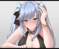 Rule 34 | 1girl, azur lane, black choker, black dress, blue hair, blush, bracelet, breasts, brown eyes, choker, closed mouth, dress, essex (azur lane), essex (craft fairytail) (azur lane), grey background, hair ribbon, highres, jewelry, letterboxed, long hair, looking at viewer, medium breasts, necklace, official alternate costume, ribbon, solo, twintails, uniazi mikan, upper body