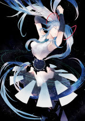 Rule 34 | 1girl, armpits, arms up, black background, black skirt, blue hair, blue necktie, closed eyes, closed mouth, core, detached sleeves, floating hair, hatsune miku, kachi, long hair, necktie, shirt, sidelocks, simple background, skirt, sleeveless, sleeveless shirt, solo, very long hair, vocaloid, white shirt