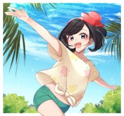 Rule 34 | 1girl, :d, beanie, black hair, blush, border, cloud, commentary request, creatures (company), day, floral print, game freak, green shorts, grey eyes, hat, highres, mocacoffee 1001, nintendo, open mouth, outdoors, outstretched arms, pokemon, pokemon sm, red hat, selene (pokemon), shirt, short hair, short shorts, short sleeves, shorts, sky, smile, solo, sparkle, swept bangs, t-shirt, teeth, tied shirt, tongue, upper teeth only, white border, yellow shirt