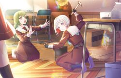 3girls :o aqua_footwear aqua_neckerchief black_gloves black_pantyhose black_socks blurry blurry_foreground bob_cut brown_dress brown_eyes chair clubroom colored_inner_hair diagonal_bangs dress folding_chair game_cg gloves green_hair grey_hair hair_ornament hairclip half_gloves hammer hasu_no_sora_school_uniform highres holding holding_hammer holding_nail indoors inverted_bob light_particles link!_like!_love_live! long_hair long_sleeves looking_at_another looking_at_viewer love_live! medium_dress multicolored_hair multiple_girls murano_sayaka nail neckerchief official_art on_floor oogami_sachi open_mouth out_of_frame pantyhose parted_lips phonograph pink_eyes plank pleated_dress red_hair sailor_collar sailor_dress school_uniform seiza shoes short_hair sitting socks star_(symbol) star_hair_ornament straight_hair streaked_hair swept_bangs table third-party_source two-tone_footwear uwabaki virtual_youtuber white_footwear white_sailor_collar whiteboard winter_uniform wooden_floor yellow_footwear yellow_neckerchief yugiri_tsuzuri