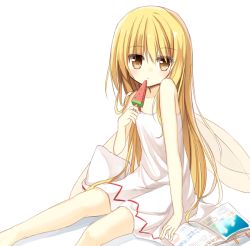 Rule 34 | 1girl, adapted costume, bare arms, bare shoulders, blonde hair, book, dress, fairy wings, food, hat, unworn hat, unworn headwear, lily white, long hair, looking at viewer, open book, popsicle, simple background, sitting, sleeveless, sleeveless dress, solo, sundress, touhou, very long hair, watermelon bar, white background, white dress, wings, yellow eyes, yuuhagi (amaretto-no-natsu)