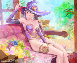 Rule 34 | 1girl, arm up, armpits, asymmetrical bangs, bare legs, bare shoulders, black hair, blue leotard, blush, breasts, collarbone, couch, day, detached sleeves, genshin impact, gloves, green eyes, grin, hair between eyes, hair ornament, hair ribbon, half-closed eyes, hat, hat ornament, high heels, indoors, jewelry, leotard, lips, long hair, looking at flowers, looking at object, md5 mismatch, medium breasts, mona (genshin impact), neck, pink lips, purple ribbon, ribbon, sitting, small breasts, smile, strapless, strapless leotard, thighlet, tree, twintails, yugen99