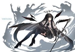 Rule 34 | 1girl, absurdly long hair, ahoge, arknights, ascot, belt, belt buckle, black ascot, black belt, black eyes, black footwear, black garter straps, black gloves, black hair, black halo, black shirt, black skirt, black thighhighs, black wings, boots, bow (music), broken halo, buckle, cello, character name, collared jacket, commentary, dark halo, detached wings, dress shirt, elbow gloves, energy wings, english commentary, floating, floating hair, full body, garter straps, gloves, halo, high heel boots, high heels, highres, holding, holding bow (music), holding instrument, holding violin, instrument, jacket, long hair, looking to the side, mole, mole under eye, music, originium arts (arknights), playing, playing instrument, shirt, short-sleeved jacket, short sleeves, simple background, skirt, smile, solo, thighhighs, very long hair, violin, virtuosa (arknights), white background, white belt, white jacket, wings, yazu (zoddiacz)