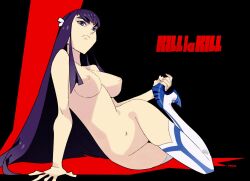 Rule 34 | 1girl, black background, black hair, blue eyes, boots, breasts, colored shadow, commentary, copyright name, english commentary, hair ornament, hairclip, high heels, kill la kill, kiryuuin satsuki, long hair, looking at viewer, medium breasts, navel, nipples, nude, on ground, optionaltypo, shadow, sidelocks, signature, solo, thick eyebrows, thigh boots