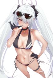Rule 34 | 1girl, absurdres, bikini, biting, black bikini, black choker, black gloves, black ribbon, blue archive, blush, breasts, breasts apart, chinetsu15, choker, collarbone, demon tail, eyewear on head, glove biting, gloves, grey hair, hair over one eye, hair ribbon, halo, hand on own hip, highres, iori (blue archive), iori (swimsuit) (blue archive), long hair, looking at viewer, medium breasts, mouth hold, multi-strapped bikini bottom, navel, parted lips, pointy ears, red eyes, ribbon, solo, sunglasses, swimsuit, tail, teeth hold, thigh strap, twintails, white background