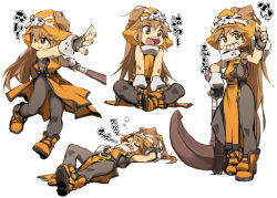 Rule 34 | 1girl, anchor, belt, brown eyes, brown hair, character sheet, female focus, fingerless gloves, gloves, grin, guilty gear, hat, indian style, long hair, lying, may (guilty gear), multiple views, on back, open mouth, orange hat, orange shirt, pantyhose, pelvic curtain, pirate, pirate hat, round teeth, shirt, simple background, sitting, skull and crossbones, sleeping, sleeveless, smile, teeth, thumbs up, white background, ysk!