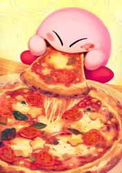 Rule 34 | 1boy, blush, cheese trail, closed eyes, eating, food, food focus, food on face, highres, kirby, kirby (series), leaf, male focus, nintendo, no humans, pizza, simple background, solo, star (symbol), suyasuyabi, tomato, tomato slice, twitter username, yellow background