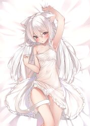 Rule 34 | 1girl, animal ear fluff, animal ears, arm up, armpits, bed sheet, blush, breasts, cameltoe, cat ears, cat girl, cat tail, covered navel, dress, feet out of frame, highres, long hair, looking at viewer, lying, on back, open mouth, orange eyes, original, panties, shiro youduki, sidelocks, slit pupils, small breasts, solo, strap pull, sundress, tail, thighs, underwear, white hair, white panties