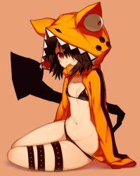 Rule 34 | 1girl, bikini, black bikini, blush, breasts, brown hair, cleavage, collarbone, covered mouth, demon tail, eyebrows, full body, groin, hair ornament, hairclip, hands in opposite sleeves, highres, hood, hoodie, long sleeves, navel, open clothes, open hoodie, orange background, original, red eyes, ruiten, simple background, sitting, skindentation, small breasts, solo, stomach, swimsuit, tail, thigh strap, yokozuwari