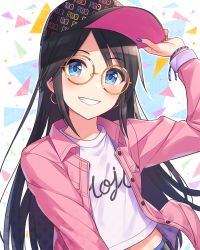 Rule 34 | 1girl, baseball cap, black hair, black hat, blue eyes, blush, breasts, buttons, clothes writing, earrings, glasses, grin, hat, hoop earrings, idolmaster, idolmaster shiny colors, jacket, jewelry, long hair, long sleeves, looking at viewer, mitsumine yuika, pink jacket, round eyewear, shirt, small breasts, smile, solo, white shirt, yellow-framed eyewear, yuuhi (ages)