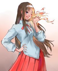 Rule 34 | 1girl, ;q, blue eyes, breasts, brown hair, fire, hairband, hand on own hip, highres, kenshin187, long hair, long skirt, ok sign, one eye closed, pleated skirt, red skirt, school uniform, skirt, small breasts, solo, tohno akiha, tongue, tongue out, tsukihime