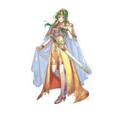 Rule 34 | 1girl, :d, absurdres, amiti, armor, breastplate, cape, commentary request, dress, elincia ridell crimea, fire emblem, fire emblem: radiant dawn, fire emblem heroes, full body, green hair, high heels, highres, long hair, nintendo, official art, open mouth, pants, pauldrons, scabbard, sheath, sheathed, shoulder armor, simple background, smile, solo, standing, sword, thighhighs, weapon, white background, white cape, white thighhighs, yellow dress, yellow pants