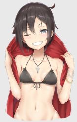 Rule 34 | 1girl, ;), bikini, black hair, breasts, chain, collarbone, cross, cross necklace, front-tie bikini top, front-tie top, grey background, grey eyes, grin, half-closed eye, halterneck, halterneck, hand up, highres, jewelry, navel, necklace, one eye closed, parted lips, reinama, ruby rose, rwby, short hair, simple background, small breasts, smile, solo, stomach, swimsuit, teeth, upper body