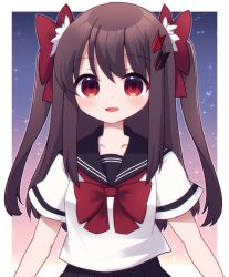 Rule 34 | 1girl, :d, black sailor collar, black skirt, bow, brown hair, collarbone, commentary request, hair between eyes, hair bow, hair ornament, highres, long hair, looking at viewer, open mouth, original, pleated skirt, red bow, red eyes, rensei, sailor collar, school uniform, serafuku, shirt, short sleeves, skirt, smile, solo, two side up, white shirt