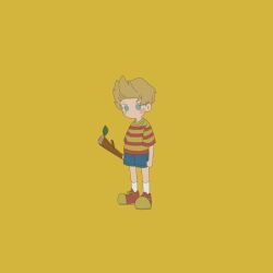 Rule 34 | 1boy, blonde hair, blue eyes, branch, child, full body, haru-cho, highres, holding, holding branch, lucas (mother 3), male focus, mother (game), mother 3, nintendo, shirt, short hair, short sleeves, shorts, socks, solo, striped clothes, striped shirt