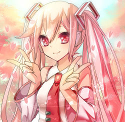Rule 34 | 1girl, alternate color, alternate hair color, bad id, bad pixiv id, cherry blossoms, colorized, detached sleeves, double v, hatsune miku, imouto (takahashisan), kaminary, long hair, name connection, necktie, object namesake, petals, pink eyes, pink hair, sakura miku, smile, solo, twintails, v, very long hair, vocaloid
