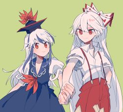 Rule 34 | 2girls, arm behind back, blouse, blue dress, blue headwear, blue vest, bow, breasts, cleavage, collared shirt, dress, fujiwara no mokou, green background, hair between eyes, hair bow, hat, holding hands, itomugi-kun, kamishirasawa keine, long hair, looking at another, multicolored hair, multiple girls, pants, red neckwear, red pants, shirt, short sleeves, simple background, smile, standing, suspenders, torn clothes, torn sleeves, touhou, two-tone hair, vest, white bow, white hair, white shirt