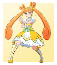 Rule 34 | 1girl, aqua flower, blunt bangs, boots, border, brooch, brown eyes, brown hair, choker, clenched hands, closed mouth, clover earrings, collarbone, cure rosetta, dokidoki! precure, dress, floating hair, flower, frown, fuchi (nightmare), full body, green choker, hair flower, hair ornament, hair ribbon, heart, heart brooch, highres, knee boots, long hair, medium dress, multicolored clothes, multicolored dress, outside border, precure, ribbon, short sleeves, solo, stance, standing, twintails, v-shaped eyebrows, very long hair, white border, white dress, white footwear, white sleeves, wrist cuffs, yellow background, yellow dress, yellow ribbon