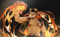 Rule 34 | 1boy, abs, alca (wakatanka4), animal ears, artist request, bara, bare pectorals, bare shoulders, beard, black hair, chest hair, facial hair, fighting stance, flaming hand, gyee, highres, lion boy, lion ears, male focus, mature male, muscular, muscular male, navel, navel hair, original, pectorals, short hair, sleeveless, sleeveless jacket, smile, solo, stomach, thick eyebrows, undercut, unfinished