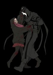 Rule 34 | 1boy, 1other, arm up, black background, black gloves, black hoodie, black legwear, blood, blood on clothes, bloody knife, boots, commentary request, dead by daylight, full body, ghostface, gloves, holding, holding knife, hood, hoodie, knife, long hair, mask, miniskirt, pantyhose, pink hair, red skirt, scream (movie), shoes, simple background, skirt, the legion (dead by daylight), umsotasty, weapon