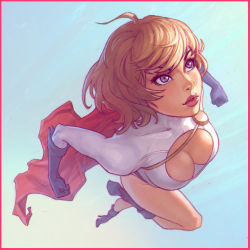 Rule 34 | 1girl, alien, blonde hair, blue eyes, blue footwear, blue gloves, blue sky, boots, border, breasts, cape, cleavage, cleavage cutout, clothing cutout, cloud, dc comics, flying, gloves, high heel boots, high heels, ilya kuvshinov, kryptonian, large breasts, leotard, long sleeves, power girl, red cape, shoes, short hair, sky, solo, superman (series)