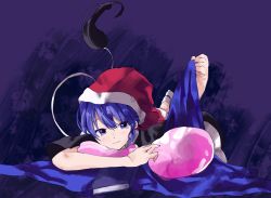 Rule 34 | 1girl, amanokokoko, arm up, bed sheet, black skirt, blue background, blue eyes, blue hair, book, closed mouth, commentary request, doremy sweet, dream soul, feet, hair between eyes, hat, head rest, light smile, looking at viewer, lying, nightcap, on stomach, one-hour drawing challenge, poncho, red hat, sheet grab, short hair, sidelocks, skirt, socks, solo, tail, tapir tail, touhou, white socks