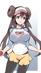 Rule 34 | 1girl, black pantyhose, blue background, blue shirt, blue sleeves, bow, breasts, brown hair, cowboy shot, creatures (company), double bun, ewokakuman, game freak, gradient background, grey eyes, hair between eyes, hair bun, halterneck, hat, highres, holding, holding poke ball, large breasts, long hair, looking away, nintendo, pantyhose, pantyhose under shorts, parted lips, pink bow, pink hat, poke ball, poke ball (basic), poke ball print, pokemon, pokemon bw2, print shirt, raglan sleeves, rosa (pokemon), shirt, short shorts, shorts, sleeves past elbows, solo, twintails, two-tone background, very long hair, visor cap, white background, white hat, white shirt, yellow shorts