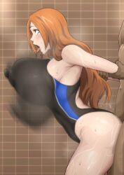 Rule 34 | 1girl, absurdres, ahegao, arms behind back, back cutout, bleach, bouncing breasts, breasts, brown eyes, clothing cutout, competition swimsuit, covered erect nipples, dark-skinned male, dark skin, from side, fucked silly, highres, huge breasts, inoue orihime, interracial, iwao178, long hair, one-piece swimsuit, open mouth, orange hair, solo, swimsuit, tongue, tongue out