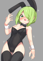 Rule 34 | 1girl, @ @, animal ears, bare shoulders, black bow, black bowtie, black leotard, black thighhighs, blush, bow, bowtie, breasts, cleavage, collar, covered navel, detached collar, fake animal ears, green eyes, green hair, grey background, hair over one eye, hand up, leotard, looking at viewer, magia record: mahou shoujo madoka magica gaiden, mahou shoujo madoka magica, mikagami jun, miyabi shigure, nose blush, open mouth, playboy bunny, rabbit ears, short hair, simple background, small breasts, solo, strapless, strapless leotard, sweat, thighhighs, virtual youtuber, white collar, wing collar, wrist cuffs