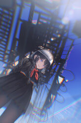 Rule 34 | 1girl, ankodesoy, black hair, black pantyhose, black sailor collar, black shirt, black skirt, blurry, braid, chain-link fence, commentary, cowboy shot, day, english commentary, fence, from below, hair ornament, hairclip, highres, lens flare, long hair, low twin braids, midriff peek, neckerchief, nijisanji, open mouth, outdoors, pantyhose, pleated skirt, purple eyes, red neckerchief, sailor collar, school uniform, serafuku, shirt, skirt, solo, teeth, triangular headpiece, tsukino mito, tsukino mito (5th costume), twin braids, upper teeth only, virtual youtuber