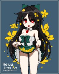 Rule 34 | 1girl, adapted costume, black hair, blue background, blush, border, bow, breasts, bright pupils, center frills, character name, cleavage, clothes lift, collar, commentary request, copyright name, detached collar, ellow flower, eyes visible through hair, feet out of frame, flower, frilled skirt, frills, green bow, green skirt, hair between eyes, hair bow, hair flower, hair ornament, highres, korean commentary, lifting own clothes, long hair, looking at viewer, medium breasts, open mouth, pixel art, red eyes, reiuji utsuho, sechy, simple background, skirt, skirt basket, skirt lift, smile, solo, strapless, third eye, touhou, tube top, white border, white collar, white pupils, white tube top