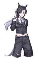 Rule 34 | 1girl, \m/, absurdres, air shakur (umamusume), alternate costume, animal ears, belt, black belt, black jacket, black nails, black necktie, black pants, collared shirt, commentary request, cropped jacket, cropped legs, eyebrow piercing, highres, horse ears, horse girl, horse tail, jacket, long hair, long sleeves, looking at viewer, midriff, nail polish, necktie, pants, piercing, poyanchu, shirt, simple background, solo, studded belt, tail, torn clothes, torn pants, umamusume, white background, white shirt, yellow eyes