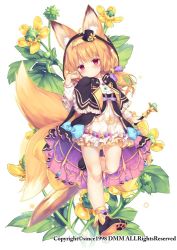 Rule 34 | 1girl, animal ear fluff, animal ears, bare legs, blonde hair, capelet, character request, dmm, dress, expressionless, flower, flower knight girl, flower request, fox ears, fox tail, frilled capelet, frilled dress, frills, full body, hairband, hat, long sleeves, mini hat, mini top hat, morinaga kobato, multiple tails, name connection, object namesake, official art, paw shoes, red eyes, shoes, solo, sword, tail, top hat, two tails, vest, weapon