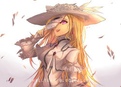 Rule 34 | 1girl, :d, alternate costume, alternate hair color, blonde hair, bow, character name, covered navel, earrings, fang, feathers, fingerless gloves, flower, gloves, gradient background, hat, hat feather, hat flower, jewelry, long hair, looking at viewer, mask, open mouth, overlord (maruyama), pink eyes, rose, shalltear bloodfallen, smile, solo, sun hat, upper body, very long hair, weyas kayur, white background, white bow, white feathers, white flower, white gloves, white hat, white rose