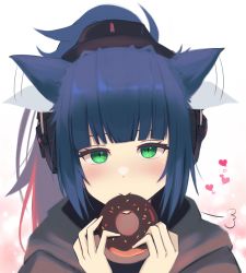 Rule 34 | 1girl, absurdres, afterimage, animal ears, arknights, black jacket, blue hair, blush, cat ears, commentary request, doughnut, ear wiggle, eating, food, green eyes, headset, heart, highres, holding, holding food, implied extra ears, jacket, jessica (arknights), long hair, looking at viewer, motion lines, ponytail, portrait, sanukiske, sidelocks, simple background, solo, white background
