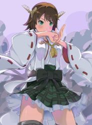 Rule 34 | 1girl, blush, bow, breasts, brown hair, fist in hand, frilled skirt, frills, from below, green eyes, hiei (kancolle), highres, kantai collection, medium breasts, nontraditional miko, plaid, plaid skirt, purple background, short hair, skirt, solo, takashi (nougyou), thighhighs, wide sleeves, zettai ryouiki