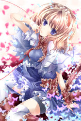 Rule 34 | 1girl, alice margatroid, arm ribbon, arm up, bad id, bad pixiv id, belt, blonde hair, blue dress, blue eyes, bug, butterfly, capelet, dress, female focus, gradient background, hairband, insect, leg ribbon, nanase nao, petals, ribbon, sitting, solo, string, string of fate, thighhighs, touhou, white thighhighs, zettai ryouiki