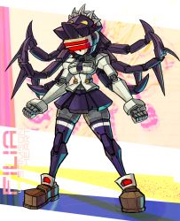 Rule 34 | 1girl, black hair, black thighhighs, breasts, character name, clenched hands, commentary, english commentary, extra mouth, filia (skullgirls), full body, joints, jonathan kim, living hair, long hair, mechanization, no pupils, prehensile hair, robot, robot joints, samson (skullgirls), school uniform, skullgirls, small breasts, solo, standing, thighhighs, visor