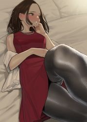 Rule 34 | 1girl, black pantyhose, blush, breasts, brown eyes, brown hair, dress, earrings, forehead, full-face blush, highres, jewelry, knee up, long hair, looking to the side, lying, medium breasts, necklace, on back, on bed, original, pantyhose, parted bangs, pearl necklace, red dress, solo, thighs, yomu (sgt epper)