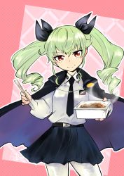 Rule 34 | 10s, 1girl, anchovy (girls und panzer), anzio school uniform, belt, black belt, black cape, black neckwear, black ribbon, black skirt, bowl, cape, chopsticks, closed mouth, commentary, cowboy shot, cup ramen, doraeshi, dress shirt, drill hair, emblem, food, girls und panzer, green hair, hair ribbon, highres, holding, holding food, instant soba, long hair, long sleeves, looking at viewer, miniskirt, necktie, pantyhose, pleated skirt, red eyes, religious offering, ribbon, school uniform, shirt, skirt, smile, standing, steam, twin drills, twintails, v-shaped eyebrows, white pantyhose, white shirt, wing collar, yakisoba