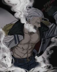 Rule 34 | 1boy, abs, absurdres, belt, black background, brown gloves, cigar, coat, commentary, cowboy shot, denim, epaulettes, fur collar, gloves, highres, holding, holding weapon, jacket, jeans, looking at viewer, male focus, muscular, muscular male, one piece, pants, rokurnshu003, sideburns, smoker (one piece), solo, stitched face, stitches, undercut, weapon, white coat, white hair, yellow eyes