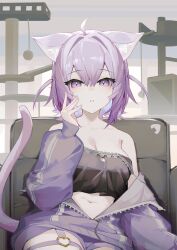 Rule 34 | 1girl, absurdres, ahoge, animal ears, black camisole, breasts, camisole, cat ears, cat girl, cat tail, chair, cine (wazd0183), cleavage, cleavage cutout, clothing cutout, collarbone, commentary request, highres, hololive, indoors, jacket, looking at viewer, medium breasts, medium hair, narrowed eyes, navel, nekomata okayu, nekomata okayu (membership), o-ring, o-ring thigh strap, off shoulder, official alternate costume, open clothes, open jacket, parted lips, partially unzipped, purple eyes, purple hair, purple jacket, purple shorts, short shorts, shorts, sitting, solo, stomach, straight-on, strap slip, tail, thigh strap, two side up, virtual youtuber
