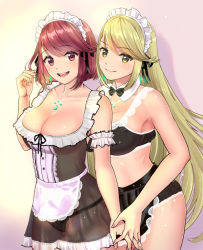 Rule 34 | 2girls, alternate costume, apron, bare shoulders, blonde hair, blush, breasts, cleavage, earrings, enmaided, gem, glowing, hair ornament, headdress, headpiece, jewelry, large breasts, long hair, looking at viewer, maid, maid apron, maid headdress, multiple girls, mythra (xenoblade), nintendo, ooshima aki, pyra (xenoblade), red eyes, red hair, see-through, short hair, smile, swept bangs, very long hair, xenoblade chronicles (series), xenoblade chronicles 2, yellow eyes