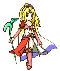 Rule 34 | 1990s (style), 1girl, armor, belt, bikini, bikini under clothes, blonde hair, boots, breasts, bridal gauntlets, cape, cleavage, closed mouth, collarbone, elbow gloves, female focus, final fantasy, final fantasy iv, full body, gloves, green eyes, holding, holding staff, knee boots, long hair, looking at viewer, navel, pink bikini, pink footwear, pink gloves, pontaouka, ponytail, retro artstyle, rosa farrell, shoulder pads, shoulder spikes, simple background, small breasts, smile, solo, spikes, staff, stomach, swimsuit, tareme, thigh gap, tiara, waist cape, white background, white cape