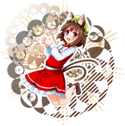 Rule 34 | 1girl, animal ears, aps@shugyouchuu, aps (alice-momizi), blush, bow, brown eyes, brown hair, cat ears, cat girl, cat tail, chen, ear piercing, earrings, female focus, hat, highres, jewelry, jumping, long sleeves, looking at viewer, multiple tails, nekomata, open mouth, piercing, shirt, single earring, skirt, skirt set, smile, solo, tail, touhou, vest